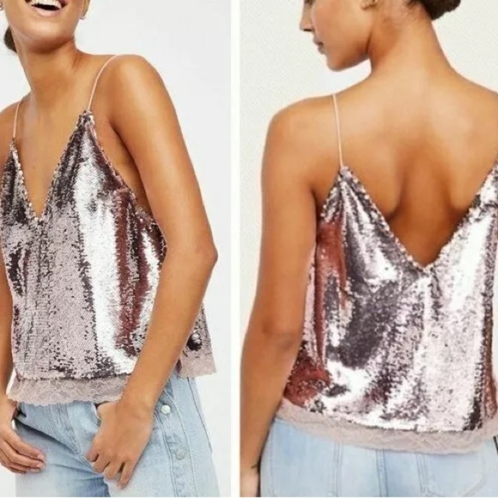 Free People Rose Gold Sequin V-Neck Tank Top